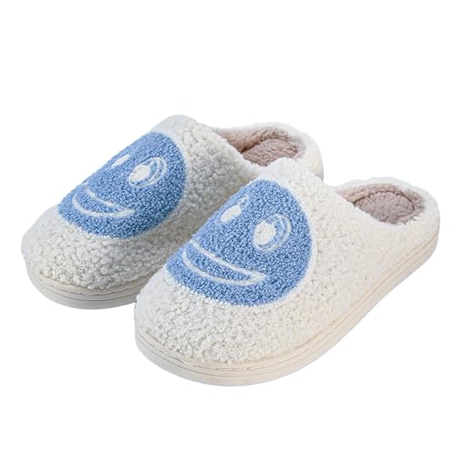 Cute Kids Cartoon Smile Face Slippers - Soft Plush Non-Slip Warm & Comfortable for Toddlers & Little Kids - White & Blue Indoor/Outdoor