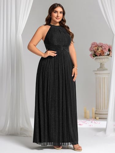 Image of Ever-Pretty Plus Women's Floor Length A-Line Halter Sleeveless Pleated Glitter Plus Size Formal Dress Evening Gown