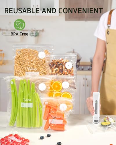 Image of Syntus Vacuum Sealer Bags for Food, 10 Pcs Small Size 8 inch x 10 inch and Medium Size 10 inch x 13.8 inch Food Storage Bags for Sous Vide Cooking Microwave Heating, Air Valve Zipper Bags & Zip Clips
