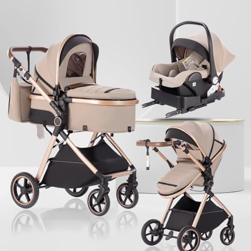 Lnhcrbs Cochecito Bebe 3 Piezas con Capazo, Sistema de Viaje's Capazo es Plegable, Carrito de Bebé Mang es Ajustable, las Ruedas son de Material PU, para 0-3 Años-Caqui-Beige