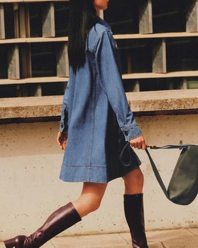 Women's Denim Shirt Mini Dress Long Sleeve Button Down Tunic Jean Dress Casual Loose Shift Short Dresses2