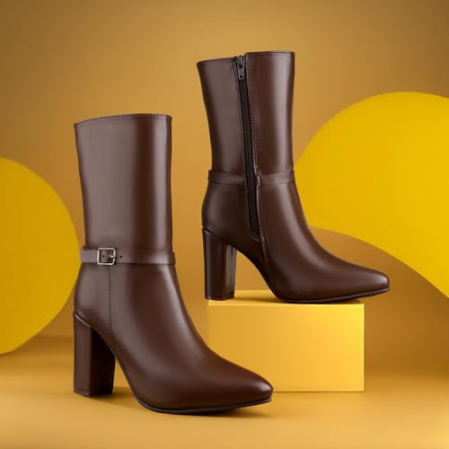 Image of Women's 3.5 Inch Block Heel Height, Classic Leather-Stylish Mid Calf (Half Boot) Buckle Boots