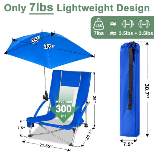 Image of Romswi Beach Chair with Umbrella 2PK, Folding Low Beach Chairs for Adults with Adjustable Parasol, Cup Holder, Breathable Backrest, Comfortable Armrests, Lightweight for Beach & Camping, Blue