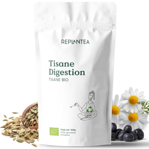 TISANE DIGESTION BIO 100g (50 Tasses) | Infusion Apaisante pour l’Estomac avec Fenouil, Rooibos Vert, Camomille, Pissenlit et Myrtille REPLANTEA
