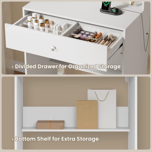 Image of Small Vanity Desk With Power Outlets, Makeup Table for Girls, White
