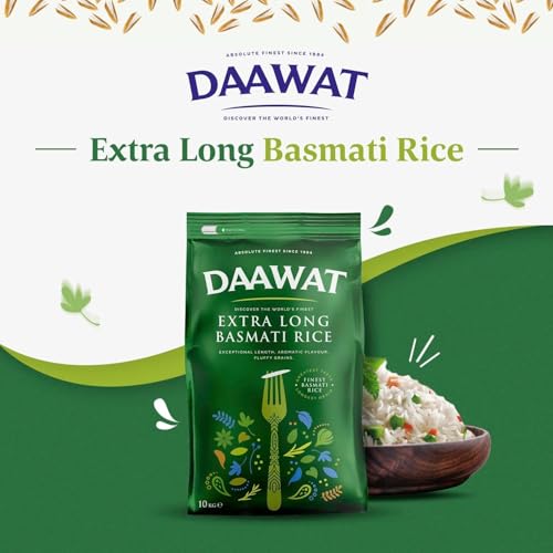 Daawat Extra Long Basmati Rice with Exceptional Length, Aromatic Flavour, Fluffy Grains, Elongates up to 24mm when Cooked, Non-Sticky and Ideal for all types of Dishes - 10KG