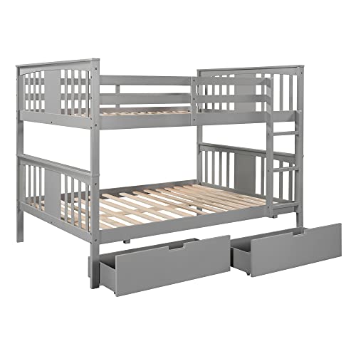 Runwon Full-Over-Full Size Wood Bunk Bed With Storage Drawers And Solid Slat Support For Kids Teens Adults Bedroom,No Box Spring Needed #TOP2