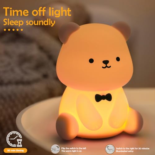 Image of S NMT Silicone Teddy Bear Night Light for Kids Room, Rechargeable 7 Colors Changeable 3 Level Brightness Timing Sleeping Lamp Kawaii Nursery Night Lights for Kids Room Gift Decor