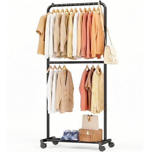 MWQ Standard Clothes Garment Rack, Portable Double Clothing Rack with Wheels and Bottom Shelf, Rolling Wardrobe Rack for Bedroom, Laundry Room, Black