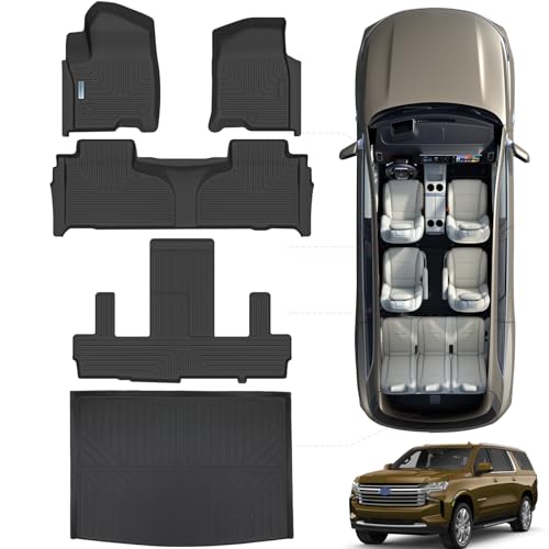 SANBAN-AXE Floor Mats for 2021-2024 2025 Chevrolet Suburban 7 Seats (2nd Row Bucket Seats)not fit 8 Seats/ GMC Yukon XL(Only XL) & Trunk mat TPE Floor Liners & Cargo Liner for Chevy