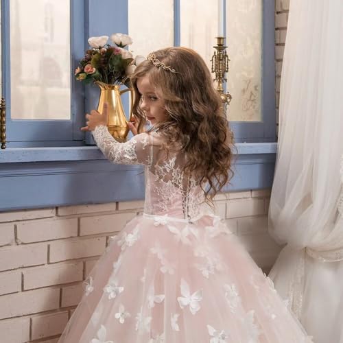Girls Princess Celebration Prom Dresses Long Sleeve Butterfly Birthday Wedding Flower Girl Dresses3