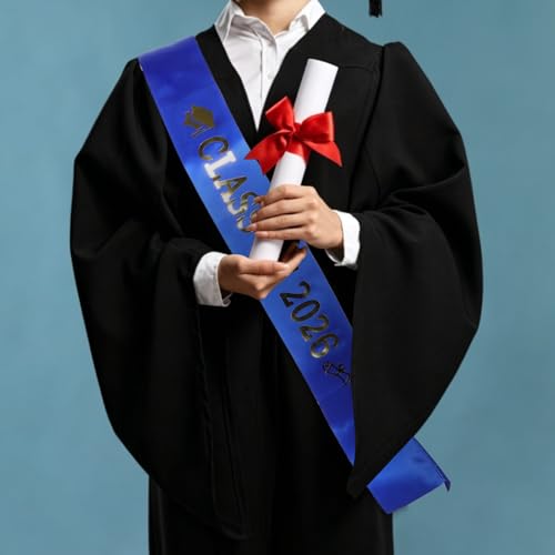 HORIALENCE Lot de 2 écharpes de remise de diplômes 2026 - Lettres métallisées, 2026, écharpe en satin pour pom-pom girl, décorations de fête, cadeaux de bal de promo, bleu – vue 4
