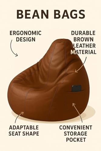 Bean Bag Chair | Ergonomic Gaming Seat, Premium Leatherette, Washable Cover, Durable Double Stitching | Perfect for Lounge & Bedroom Side Mobile Pocket Cover Only No Bean Filler (Brown, XXL) - Image 4