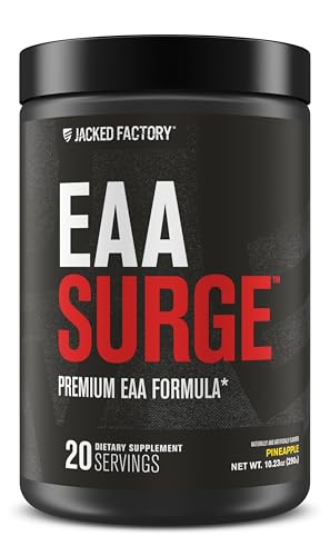 Jacked Factory EAA Surge Essential Amino Acids Powder - EAAS & BCAA Intra Workout Supplement w/L-Citrulline, Taurine, & More for Muscle Building, Strength, Endurance, Recovery - Pineapple, 20sv