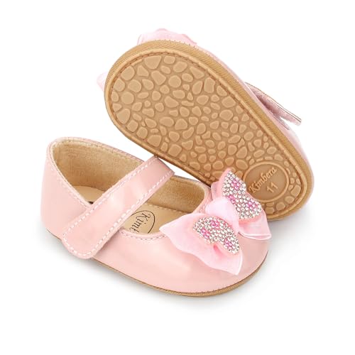 Clowora Infant Toddler Baby Girl Dress Shoes Mary Jane First Walking PU Leather Princess Wedding Rubber Sole Non-Slip with Bowknot Floral Flats (03 Pink,12-18 Months)