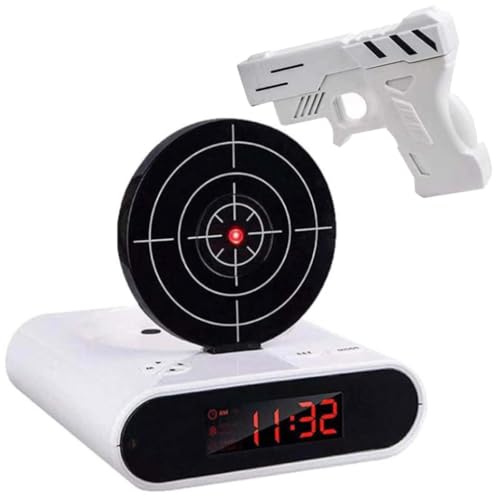 Gun and Target Alarm Clock with Gun Shooting Game Digital Shot Timer Alarm Clock Interactive Wake You Shoot Personalized LED Display Bedside Ki-ds Adults Fun Gift Bedroom Office (White)
