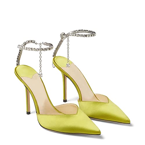 Image of LauraVicci Women's Heeled Sandals Crystal Chain Ankle Straps Rhinestones Buckle High Heels Stiletto Slip On Wedding Party Satin Dress Shoes