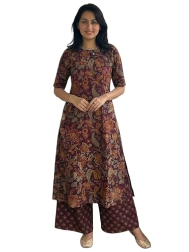 ANNI Designer Women's Rayon Viscose Straight Printed Kurta with Palazzo | Elbow Length Sleeve Kurti Set | Close Neck with Back Slit | Soft Comfortable Fabric | 2 Piece Outfit