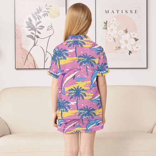 ALAZA Color Wave Palm Tree Dolphin Satin Pajamas Set Short Sleeve Button Down Sleepwear Summer Pjs 2 Piece4
