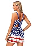Deerose Tie Back July 4th Rompers Halter Neck Backless Romper Women's American Flag Overall with Pockets S