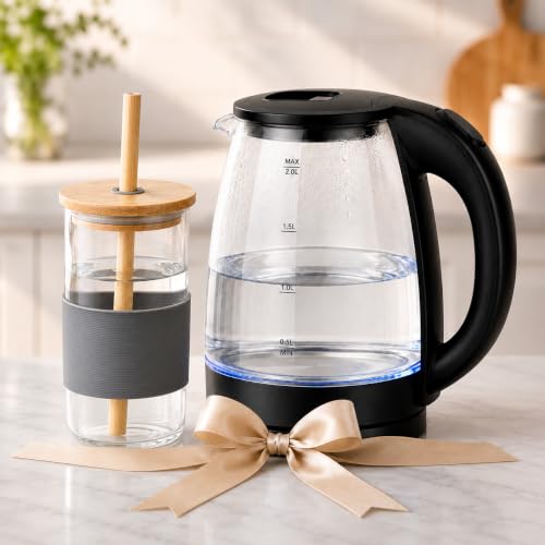 Image of 2 Litre Electric Borosilicate Glass Kettle (with blue indicator light) with 400ML Glass Tumbler, Bamboo Lid, Straw & Silicone Sleeve | Stylish Combo for Home, Office & Gifting (TRANSPARENT)