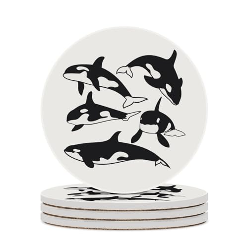 コースター シャチ家族 セラミック ドリンク 4/6枚セット 吸水コースター 高吸水性 耐熱 断熱パッド 速乾 吸水 茶パッド コップ敷き コーヒー 茶托 滑り止め 円型 おしゃれ カビ/ダニ防止 贈り物 新築贈り物