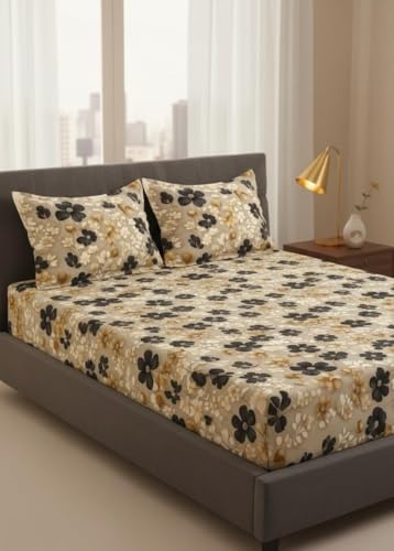 Image of 210TC Cotton Feel Super Soft Fabric 7D Print Elastic Fitted Bedsheets King Size, Premium Fitted Bedsheets King Size for Double Bed with 2 Pillow Covers, Size- 78 inch x 72 inch (BLACK-7D)