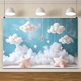 RBQOKJ 7x5ft Cotton Wadding Clouds Backdrop Stars Pillow Decoration Blue Photo Background Baby Shower Neworn Portrait Photo Shoot Backdrops for Birthday Party Studio Prop