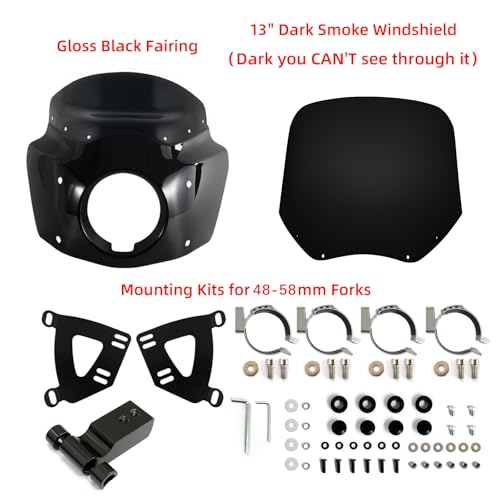 Image of FATECIM Motorcycle 5.75 inch Headlight Fairing with 13 inch Black Windshield Windscreen & 48-58mm Mounting Kit Headlight Extension Block For Harley 2018 2019 2020 2021 2022 Softail FXBB Street Bob