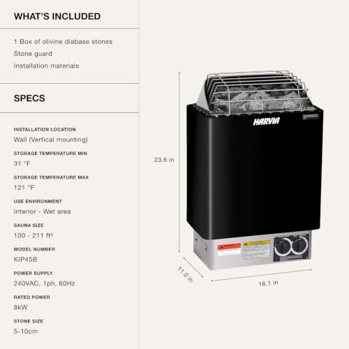 Image of Harvia KIP Wall Mount Electric Sauna Heater, 220V-240V, 8kW, Dial Controls