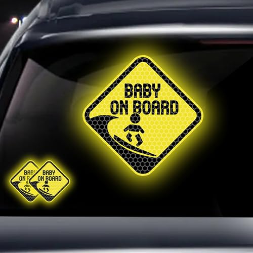 Image of 2PCS Assured Signs Baby On Board Sign Stickers,Reflective Baby Safety Warning Decal for Cars- Bright Yellow, Durable (Surf Baby on Board)