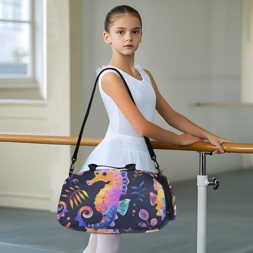 Duffle Bag for Boys or Girls with Shoes Compartment, Neon Seahorse Sports Travel Bag Overnight3