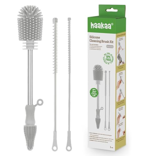 Image of Haakaa Silicone Cleaning Brush Kit – Household Cleaning Brushes for Bottles and Crevices – Food-Grade Silicone: Dishwasher Safe (Kit-Grey)