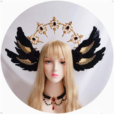 Vintage Lolita Sun Godmother Crown Headwear KC Gothic Angel Wings Tiara Accesorios para el cabello, Negro, Talla única
