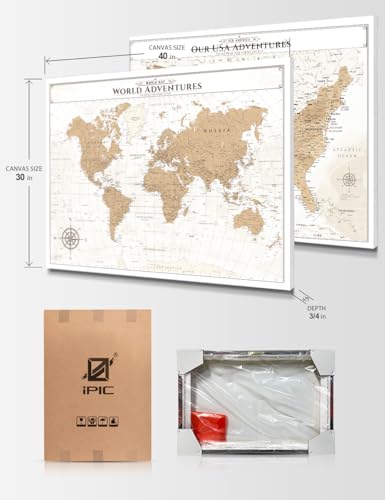 Image of IPIC - Vintage World and USA Push Pin Travel Map Set on Canvas, Large Wall Art for Travel Tracking, Gift for Travelers, Made in USA