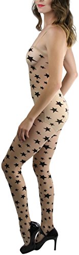 Image of ToBeInStyle Women's Mystical Celestial Stars Moon Crescent Pentagram Symbol Bodystocking - Star Print Beige /Black