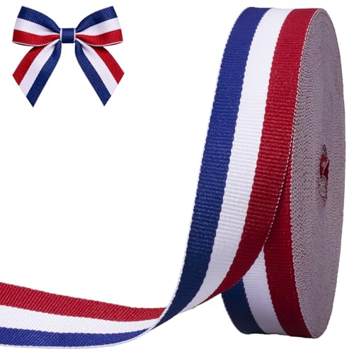 CUQIG Double Faced Red/White/Blue Ribbon, 1 Inch Wide, 25 Yards Polyester Grosgrain Patriotic Ribbon, Perfect for Gift Wrapping, 4th of July Decorations, DIY Crafts, Bows, Sewing and Party Supplies