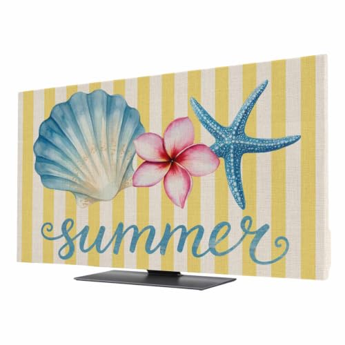 50 Inch TV Cover Indoor, Starfish Shell Coastal Dustproof Elastic Television Screen Protector, Summer Nautical Striped Farmhouse Stretch TV Dust Cover for Flat Curved Smart TVs LED LCD OLED Monitor