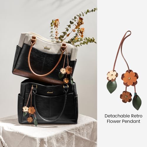 Image of LOVEVOOK Laptop Bag for Women, Original Vintage Work Tote Bag Computer Office Teacher Bag with Flower Pendant