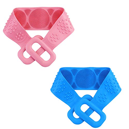 Amersumer 2 Pcs Silicone Bath Body Back Cleaning Long Strap Scrubber Brush, Shower Massage Scrubber, Easy to Clean