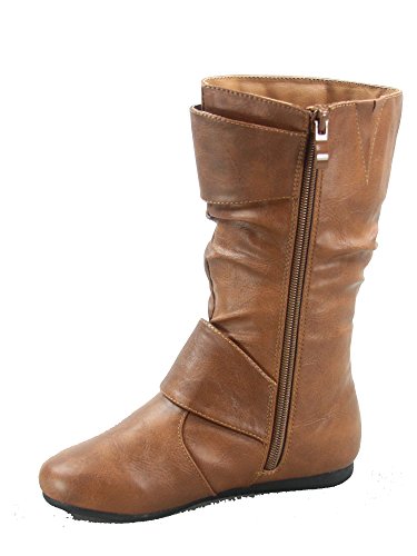 Link Klein-80K Girl's Kid's Cute Faux Leather Two Buckle Zipper Flat Heel Mid Calf Boot Shoes2