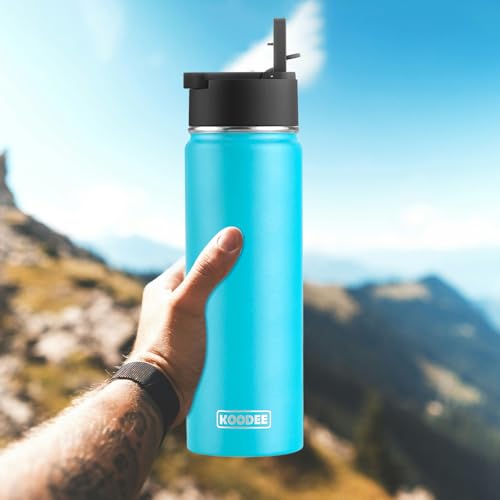 Image of koodee Inuslated Water Bottle -22 oz Stainless Steel Vacuum Insulated Sports Water Bottle with Straw, Reusable Metal Water Flask BPA Free (Sky Blue)