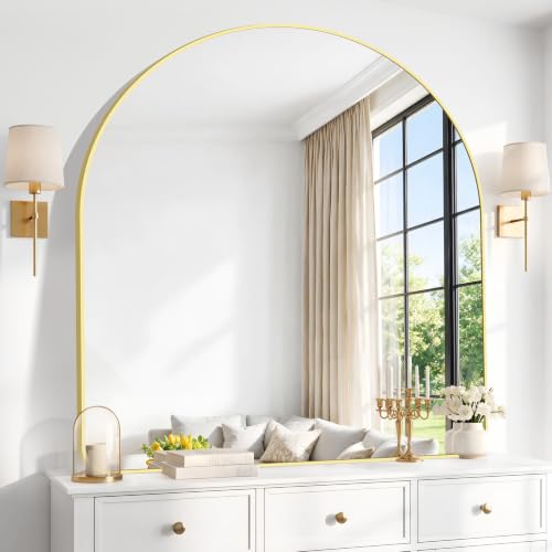 Image of BONEWEI Arched Wall Mirror,42x42 inch Gold Arched Mirror Bathroom,Large Vanity Mirror for Over Sink Metal Frame,Tempered Glass Arch Mirrors for Bedroom,Entryway,Living Room,Home Decor Shatter-Proof
