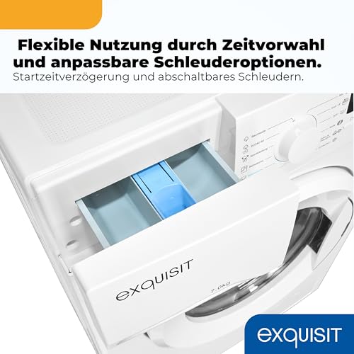 Exquisit Waschmaschine | 7 kg Nennkapazität, Energieeffizienzklasse A, 1400 U/Min, 76 dB(A) | kompakte Bauform, 12 Programme, Eco 40-60, Kurzprogramm, Startzeitverzögerung | WA57014-020A weiss