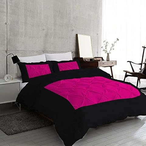 Restura Dual Tone Pinch Pleated 3 Piece Duvet Cover Set King Size 1000 TC (Duvet Cover + 2 Pillowshams) Zipper & Corner Ties Bedding Set - Black & Hot Pink Cover