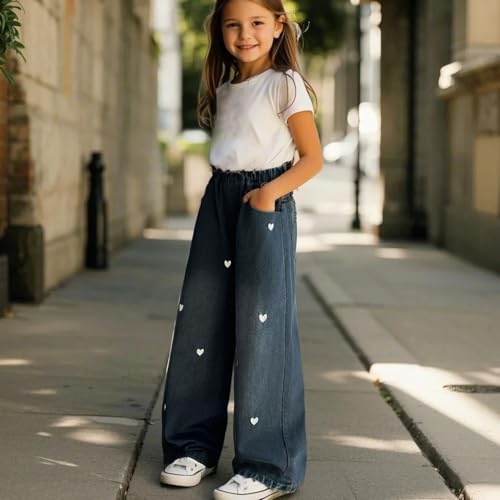 Moonker Girls Baggy Jeans Cute Heart Embroidery Straight Wide Leg Denim Pants Loose Palazzo High Elastic Waist2