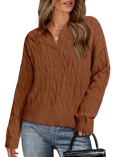 Wiholl Womens Polo V Neck Sweaters Fall Winter Outfits 2024 Fashion Long Sleeve Cable Knit Clothes Lightweight Loose Holiday Camarel M thumb #2