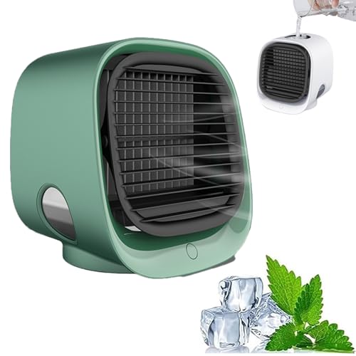 Enfriador de aire, aire acondicionado portátil con tanque y luz de noche LED, configuración de 3 velocidades, rotación de ángulos múltiples, enfriamiento instantáneo en 90 segundos, ventilador green