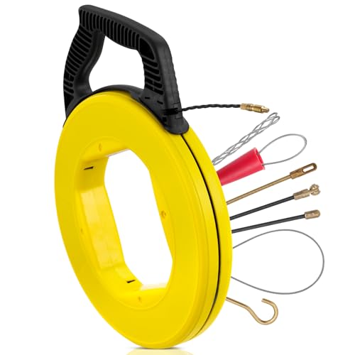 Fish Tape Wire Puller- Fiberglass Fish Tape Cable Puller Kit 164FT 3.5mm PET Wire Pulling Tools- Cable Pulling Aid Including 5 Adapters- Durable Cable Retraction Aid for Electrical Work