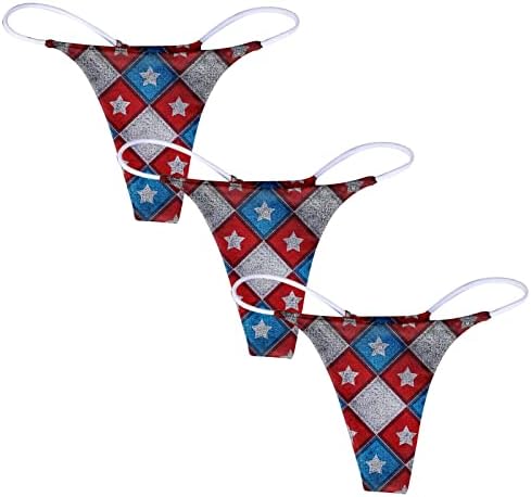 USA Flag Thongs Women Sexy G Strings Low Rise 3PC Stars Stripes Stretch Open T-Back Soft Bikini Hipster String Underpants